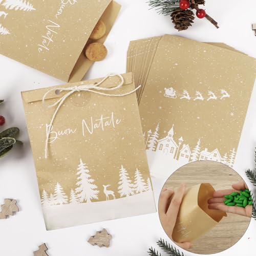 50 stuks papier zakken Kerstmis - 13 x 18 cm kerstzakken met Italiaanse motieven - kraftpapier cadeauzakjes Kerstmis - adventskalenderzakjes om te vullen met cadeaustickers 5