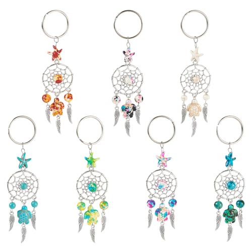 7Pcs Droomvangers Sleutelhanger Boheemse metalen veer Keychains met Turquoise Turtle Star kralen voor sieraden maken van vrouwen portemonnee handtas accessoire Craft autosleutel,, kleurrijke