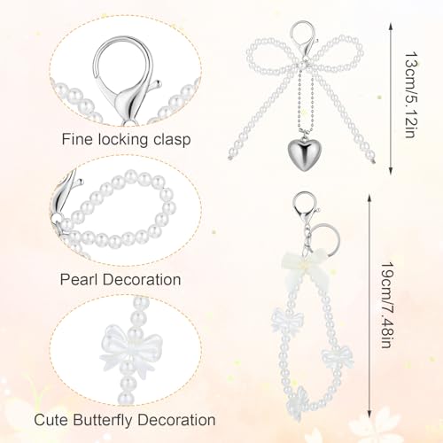 2 stuks Pearl Arch Y2K sleutelhanger voor vrouwen, tas hanger esthetische Y2K Bow sleutelhanger, zak hanger, schattige parelboog sleutelhanger voor portemonnee, wit 5