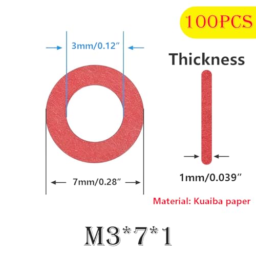 Verpakking van 100 vezelschijven, M3 x 7 x 1mm rood staal papier vezels ringen, O-ring, platte vezel ringen