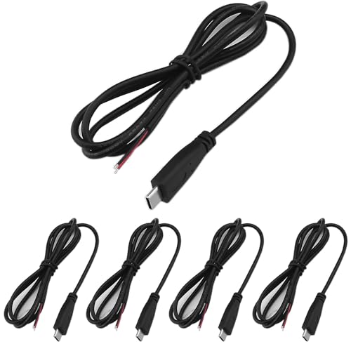 Pak van 5 USB C Plug Kabel USB C Plug Soldering 22AWG 5V 3A 2-Wire USB C Extension Kabel (1m) voor Arduino LED Strips