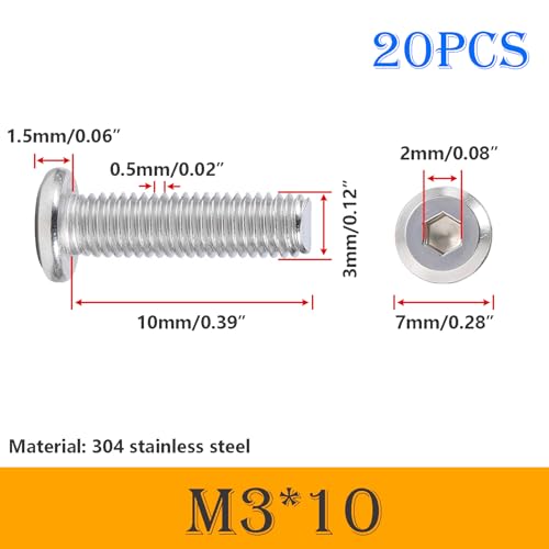 Verpakking van 20 Hex Socket Schroeven, M3 x 10mm Flat Head Schroeven, Hex Socket Schroeven, 304 RVS Schroeven, Full Thread, Meubilair Aansluiting Schroeven