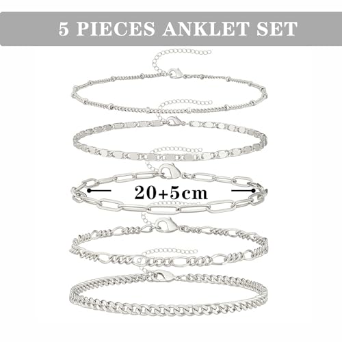 5 stuks zilveren enkelband voor vrouwen, vintage enkelkettingen voor vrouwen, enkelband voor vrouwen, prachtige stapelbare armband set, sieraden voor moeder, vriendin, vrouw, zuster, 8, Zilver