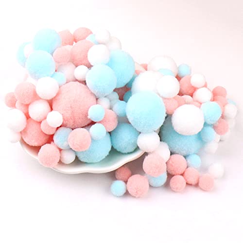 135 Kleurrijke Pompen voor Crafting, 10-30mm Mini Pompons Ballen, Kleine Pompons Ballen, Fluffy Kleurrijke Pompons, Pompons, pluche ballen, Craft Accessoires voor Naaien, Decoratie, DIY, Ambachten, Blue-Pink