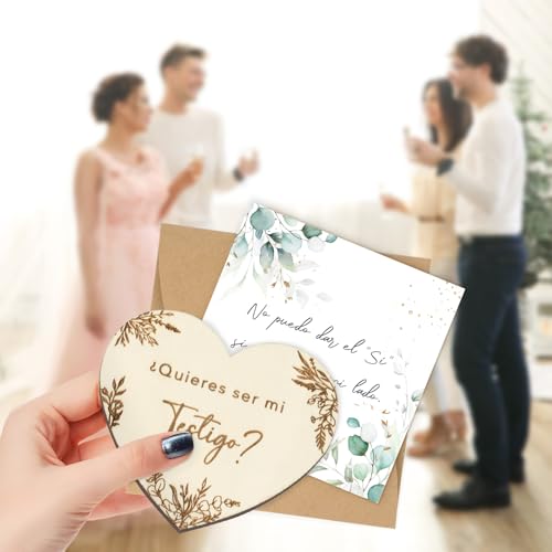 Wenskaarten hart van hout met inscriptie "Quieres ser mi testigo? 5