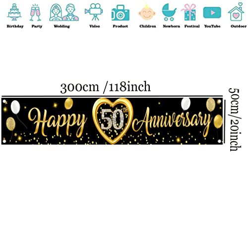 Happy 50th Anniversary Banner, 50th Bruiloft Anniversary Party Decoration Party Poster Garden/Yard/Wall/Table/Cake Decor Fabric Sign Poster, Black Gold Party Wekelome Teken 300cm x 50cm