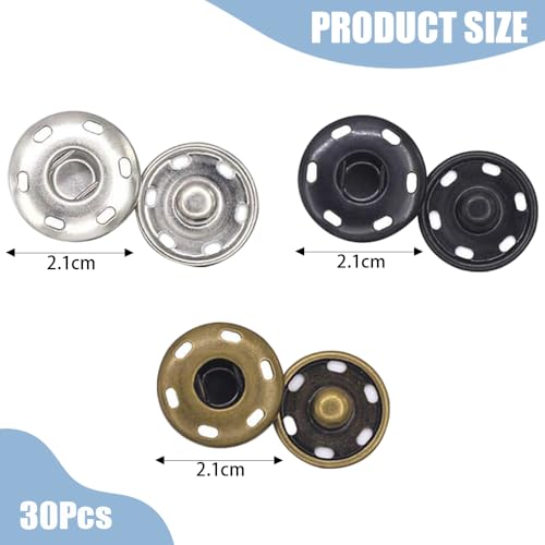 Verpakking van 30 Press Studs, Metal Press Studs, Naaibare Poppers Veelzijdige Naai Fasten, Knoppen, Messing Naaibare Snap Knoppen voor Tas, Handtas, Naaien, Kleding, DIY