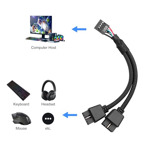2 Pack Moederbord USB 2.0 9Pin Header Splitter 9 Pin USB 2.0 Vrouw naar Dual 9 Pin Male Header Cable Nylon Braided (Zwart) 5