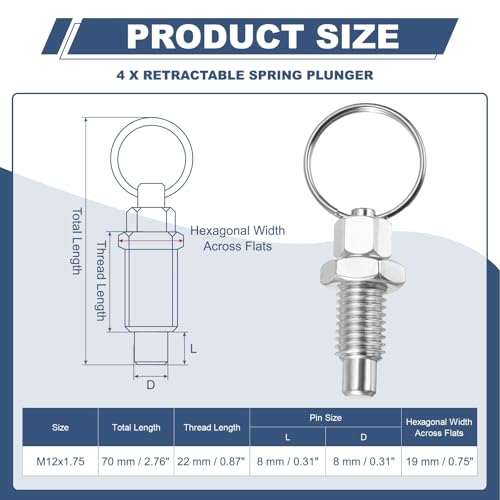4 Pack spring plungers met trekring M12 x 1,75 Roestvrij stalen trekring Indexeren Lunger Intrekbare Spring Hand Plunger voor Vorm kabinet Industriële Planten