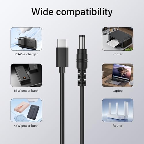 USB C naar DC Laadkabel 5.5mm x 2.1mm 4.9Feet PD 65W 20V Type-C Vrouwelijke invoer naar DC-uitvoer voor Router, Laptop Etc 12 Volt DC Device Voeding 5