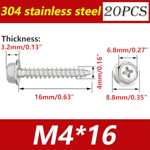 Verpakking van 20 Zelftappende Hex Head Schroeven, 304 Roestvrij staal Hout Schroeven, Kruiskop, Plate Schroeven voor Plastic, gipsplaten, M4 x 16 mm