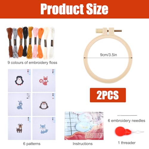 Verpakking van 6 kruissteek beginners set bevat 6 voorgedrukte kruissteek patronen, 2 borduurlijsten, 9 strengen borduurdraad, 7 borduurgereedschappen en instructies (Engelse taal niet