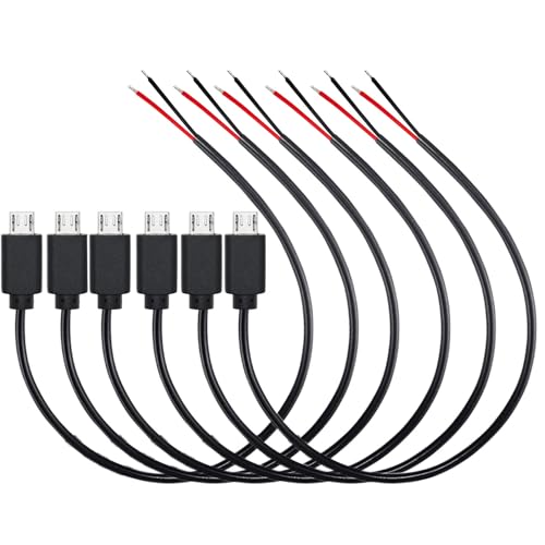 Verpakking van 6 Micro USB Pigtail Kabels, Micro USB Plug aan 2 Pin Blanco Kabel, 22AWG, 3A, 2-Wire Extension Kabel met Open End voor DIY, 30 cm
