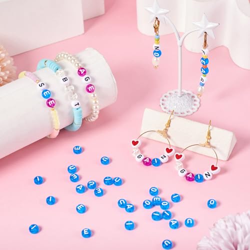 100Stuks Acryl Letter Kralen 7mm Transparante Platte Ronde Schijf Klinker Alfabet Pony Kralen 1.6mm Gat voor DIY armband ketting sieraden ambachten maken, Blauw