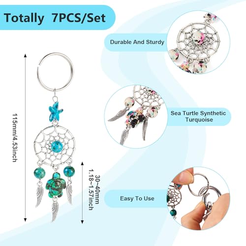 7Pcs Droomvangers Sleutelhanger Boheemse metalen veer Keychains met Turquoise Turtle Star kralen voor sieraden maken van vrouwen portemonnee handtas accessoire Craft autosleutel,, kleurrijke 5
