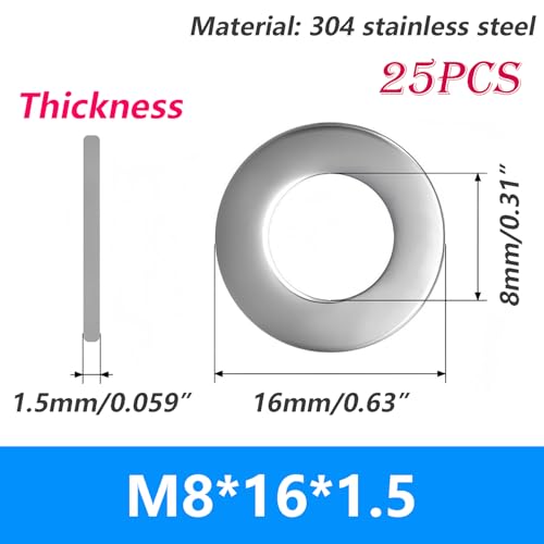 Verpakking van 25 metalen platte ringen, brede ringen M8 x 16 mm, dikte 1,5 mm, roestvrijstalen veiligheidsringen voor bouten