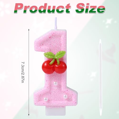 1e verjaardagskaars, Shiny Pink Number Candle Cute Cake Topper voor meisjes vrouwen eerste verjaardag decoratie verjaardag (Cherry B)