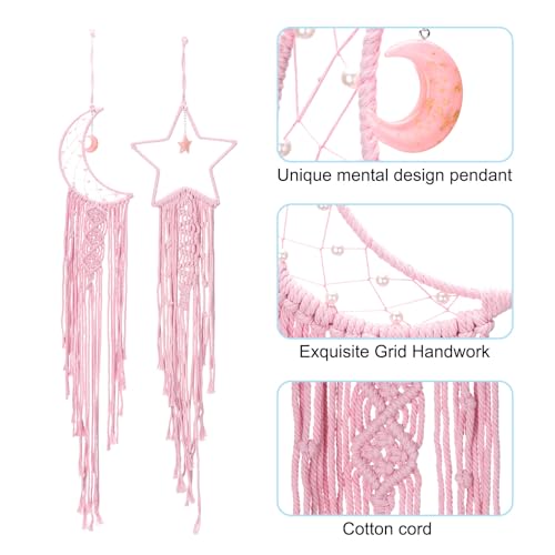 Moon Star Dream Catcher Decor, 39" Boho Droom Catcher Macrame geweven muur Hangen voor Home Decoratie Slaapkamer Accessoires Cafes Bruiloft Decoratie, Roze 3