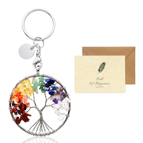 Boom van het leven Sleutelhanger, Mooie 7 Chakra Healing Crystal Boom van het leven Sleutelhanger Edelsteen Lucky Hanger Sleutelhanger voor vrouwen Mannen paar vrienden, met een kaart
