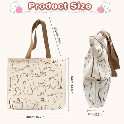 Tote Tassen voor vrouwen, Herbruikbare schattige grote kat Tote Bag Canvas Tote Bag met rits en Pockets Canvas Shopping Bag, met Mesh Bag Gifts voor Cat Lovers voor 4
