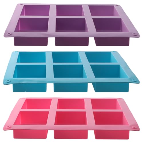 Verpakking van 3 DIY Zeepvormen, Siliconen Vorm, 6 Uitsparingen, Rechthoekig, 3 Kleuren, Siliconen Vorm, Geschikt voor Zeep, Handgemaakte Zeep, Zeep Vormen (Roze, Blauw, Paars