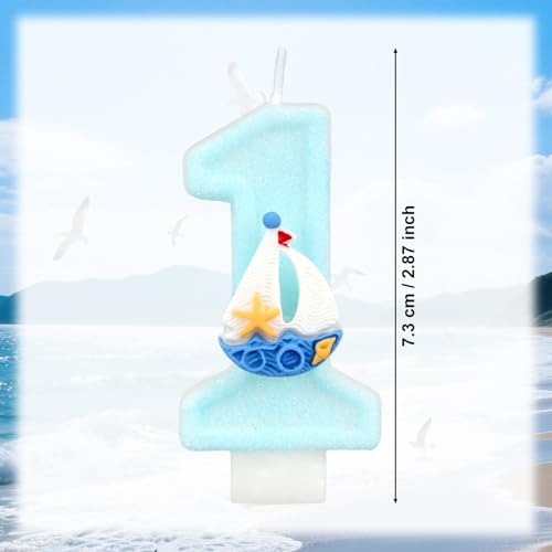 Thema Surfnummer 1 Verjaardagskaars, Blue Glitter Cake Topper voor jongens 1e verjaardag Ocean & Seaside Feestdecoratie Nautische Baby Douchebenodigdheden (Zeilboot)