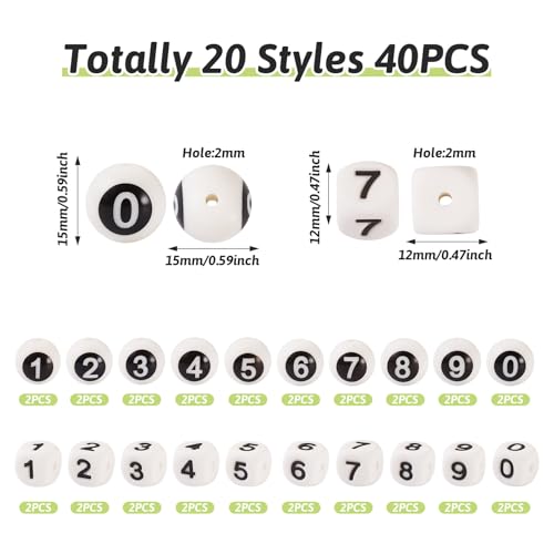 40 st Siliconen kralen met nummer 0-9 Ronde en Kubus Siliconen Spacer Kralen Aantal Rubber Kralen Focal Kralen 12mm Vierkant/15mm Ronde Aantal Kralen voor DIY Sieraden 4