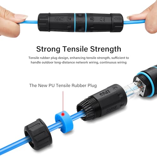 RJ45 Connector, waterdicht, 2 Pack 10GB, afgeschermd zuiver koper RJ45 Bus naar bus IP68 Waterdichte ethernet Outdoor LAN Kabelplug (Blauw)