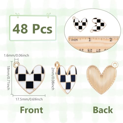 48st Black and White Heart Charms, Plaid Flag Heart Charm Legering Emaill Hanger voor armband ketting oorbellen sleutelhanger tas bedeltjes sieraden accessoires