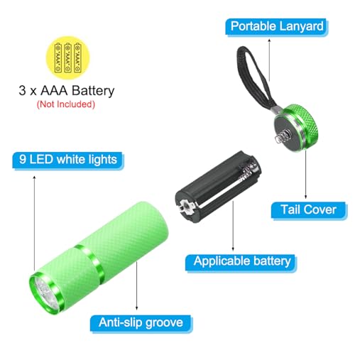 9 LED Glow in donkere zaklampen, Mini aluminium zaklamp Rubber gecoate zaklamp met riem voor Camping, Wandelen, Party, Groen 4