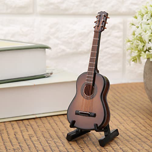 Miniatuur Gitaar Mode van Hout met Stand, Mini Dollhouse Muziekinstrument Ambacht Ornament voor Home Office Decoratie Gift Day Afstuderen (10cm Bruin)