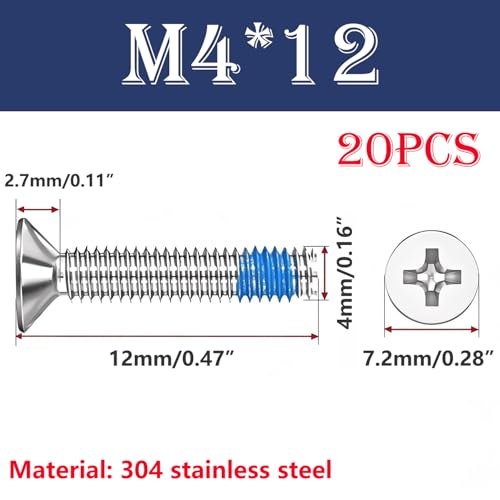Verpakking van 20 kleine Phillips Countersunk Head Schroeven M4 x 12 mm 304 Roestvrij staal Doseerschroeven Anti-Loosening Niet-slip Volledige draadschroeven voor machineapparatuur en