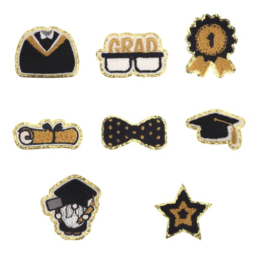 8 st Geborduurde afstudeerpatches, 8 stijlen Cute Strijken Appliqué Patches voor kledingmutsen Jeans Coats Afstudeercaps en jurken (zwart en goud)