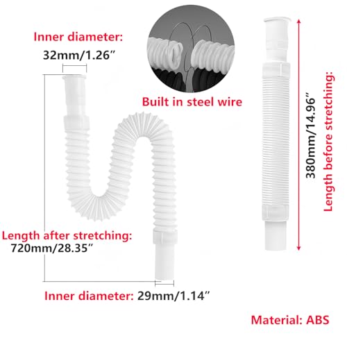 1 Piece Flexibele afvoerslang, Strekbare gootslang, uitschuifbare 380mm tot 720mm, flexibele buisaansluiting voor keuken en badkamer afvoer
