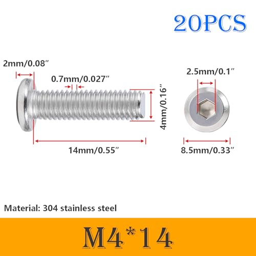 Verpakking van 20 Hex Socket Schroeven, M4 x 14mm Flat Head Schroeven, Hex Socket Schroeven, 304 RVS Schroeven, Volledige Thread, Meubilair Aansluiting Schroeven