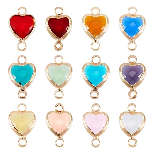 12 st Heart Rhinestone Charms Assorted Color Glass Link Charms Sweetheart Connectors met dubbele lusjes voor sieraden Craft ketting armband DIY vrouwen oorring accessoire decoratie, metaal
