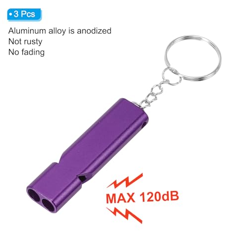 Noodsignaal Whistle, 3 Pack Luid geluid Aluminium sleutelhanger Whistles Outdoor Safety Survival Whistle for Camping Wandelen, Goud, Paars 3