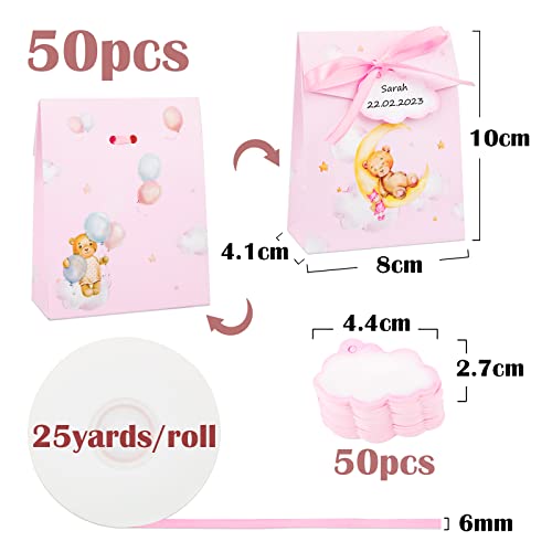 Verpakking van 50 8 x 4 x 10 cm roze schattige beer papieren dozen met geschenk tags en linten, snoep dozen voor doop, bruiloft, verjaardag, baby douche etc