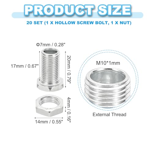 Hex hoofdschroeven Set M10 x 20mm en Noten, 20 sets van Holle Schroeven met fijne draad Assortiment Hex Schroef door gat bijlage Chandelier Fasters