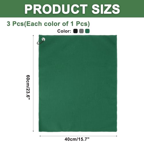 24"x16" Microfiber Golf Handdoek, 3 Pack Tri-Fold Golf Handdoeken Wafelpatroon Handdoeken Absorptie met D-clip, haak en lusbijlage, zwart/grijs/donker groen