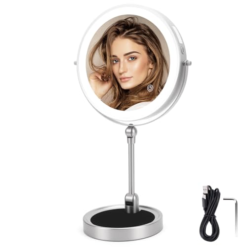 Cosmetische spiegel met verlichting, spiegel met verlichting, 1X/5X vergroting met LED-verlichting, 3 kleurenverlichting, USB Oplaadbaar, 360° Draaitafel/bureauspiegel