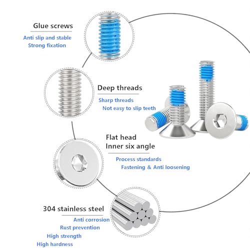 Verpakking van 20 verzonken schroeven M5 x 12 mm met zeshoekige stopcontact standaard DIN 7991, kleine schroefjes met schroefdraad met coating van Threadlock 3