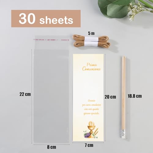 Verpakking van 30 Tafelkaarten, Bladwijzers, Communie met Potlood, Gast Cadeau, Eerste Communie, Kaarten met Cadeau Linten, Uitnodigingen, Tafel Decoratie (Goud)