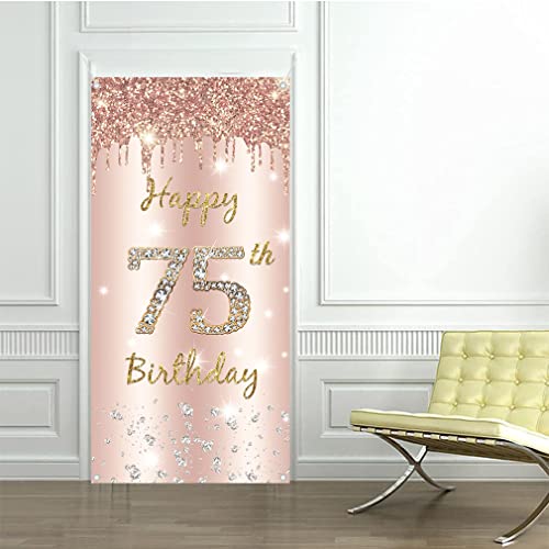 75e verjaardag decoraties voor vrouwen, Gelukkig 75e verjaardag achtergrond banner rose goud stof teken poster, 75 jaar oud partij levert deur banner foto achtergrond welkom teken 3