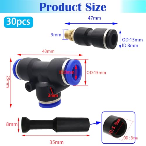 Spray Nozzles, Dujelixa Brass Straight Irrigatie Nozzles, 10 stuks Mist Sprayer met 10 stuks T-Type Connector + 10 stuks Chokeplug voor Irrigatie, Besproeiing, Greenhouse, Lawn