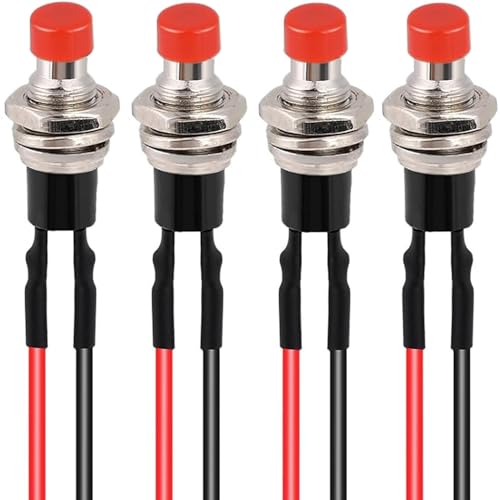 4 st. 7mm Pre-Wired Mini Zelfrem duwschakelaar, AAN/UIT 2 Pin Rond duwknop voor auto, boot, Arduino, DIY, AC 250V/1.5A, 125V/3A, Mini duwknop (rood)