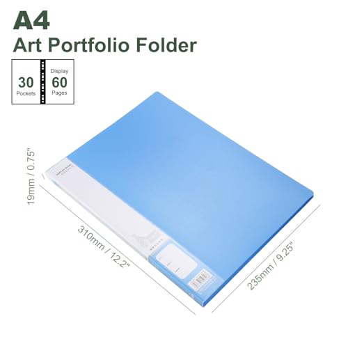 M&G 30-Pocket Binder met PP Plastic Sleeves A4 (Blauw), Art Portfolio Folder met Clear Sheet Protectors, toon 60 pagina's voor het organiseren van documenten, 310x235x19mm