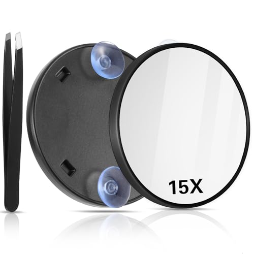 Vergrootspiegel, make-up spiegel, draagbare reis make-up spiegel, 15 x ronde vergrootspiegel met 2 Zuigbekers en Tweezers, Set voor vrouwen en mannen, wenkbrauw gezicht, Blackhead verwijdering
