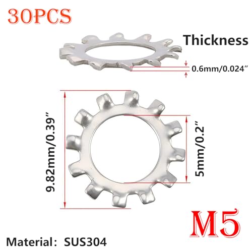 30 stuks tandschijven, roestvrij staal 304 vergrendelringen, buitengetande ringen, M5 ringen, buitenvergrendelingsringen