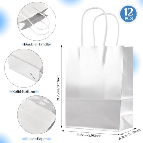 12 stuks Zilveren Cadeautassen, Metallic Paper Rechthoekige Tas, Glitter Kraft Papier Winkelmandjes met handvatten voor kleine bedrijven, Party, Verjaardag, Bruiloft, Bruidsdouche, 20 5